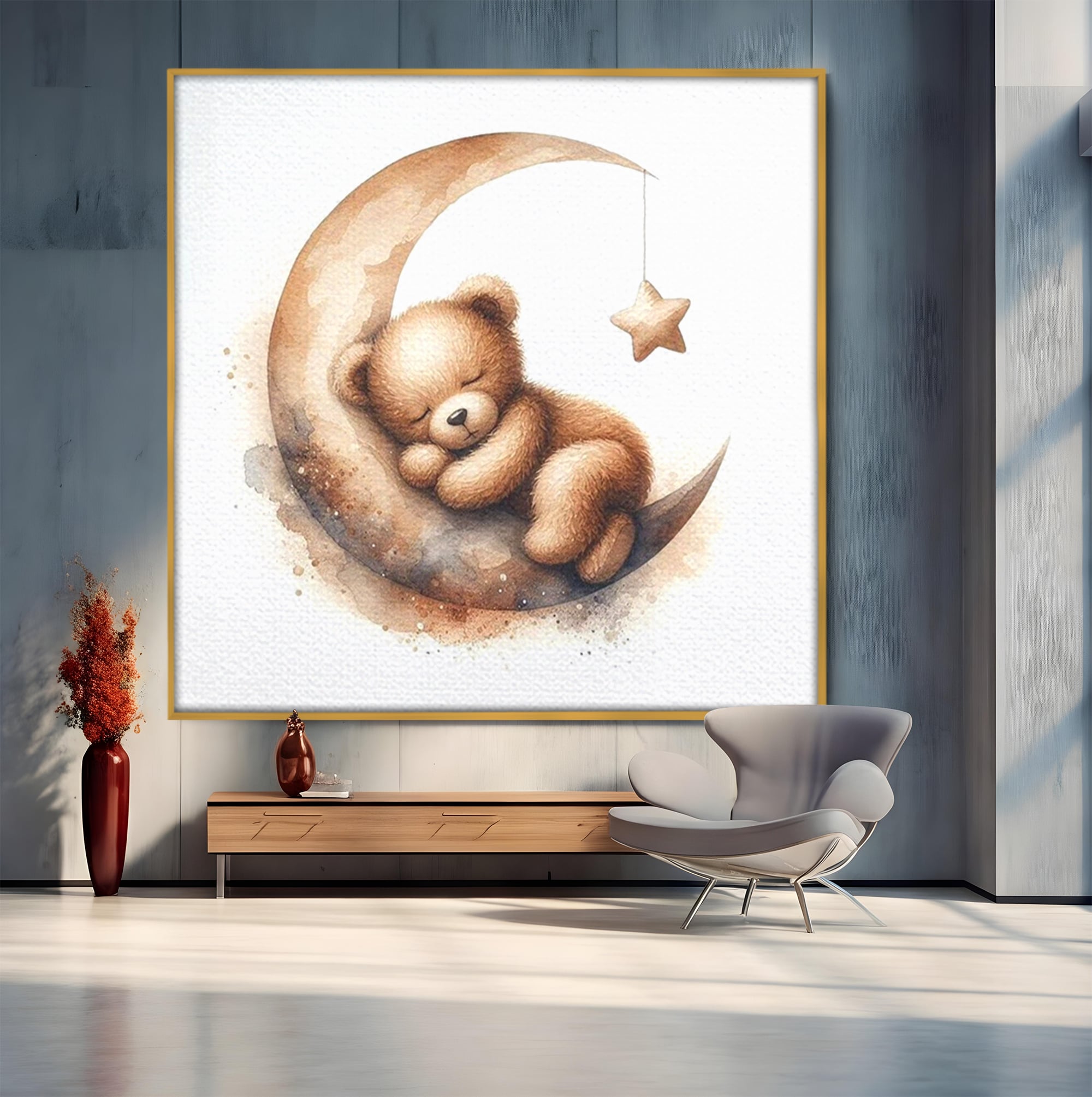 Tablou canvas cu ursulet pufos dormind pe semiluna, in rama de aluminiu auriu